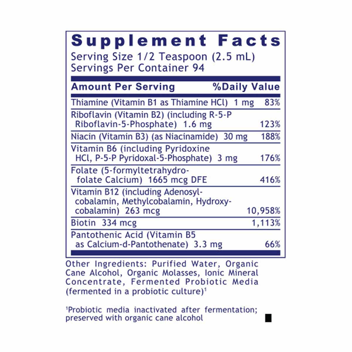 Supplement Facts label for Max B-ND B Vitamin Complex listing thiamine, riboflavin, niacin, vitamin B6, folate, B12, biotin, 