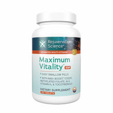 White bottle of Maximum Vitality ESP dietary supplement with teal and orange label containing 120 tablets.