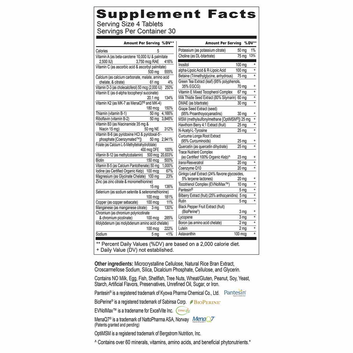 Supplement Facts label for Maximum Vitality ESP showing serving size, nutritional information, and ingredient list on white b