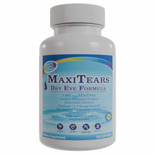 White bottle with blue label containing MaxiTears Dry Eye Formula softgel capsules, 120 count.