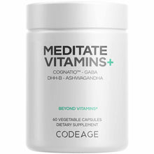 White dietary supplement bottle labeled "Meditate Vitamins+" containing 60 vegetable capsules by Codeage.