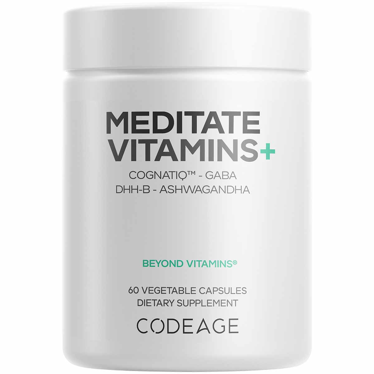 White dietary supplement bottle labeled "Meditate Vitamins+" containing 60 vegetable capsules by Codeage.