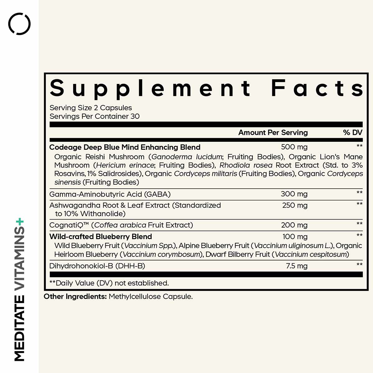 Supplement Facts label for Meditate capsules showing serving size, ingredients including mushroom blend, ashwagandha, and blu