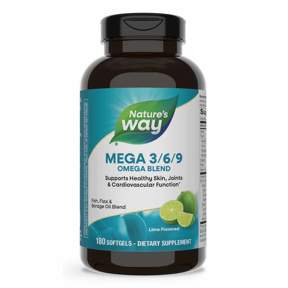 Brown bottle with teal and white label for Nature's Way Mega 3/6/9 Omega Blend containing 180 lime-flavored softgels.