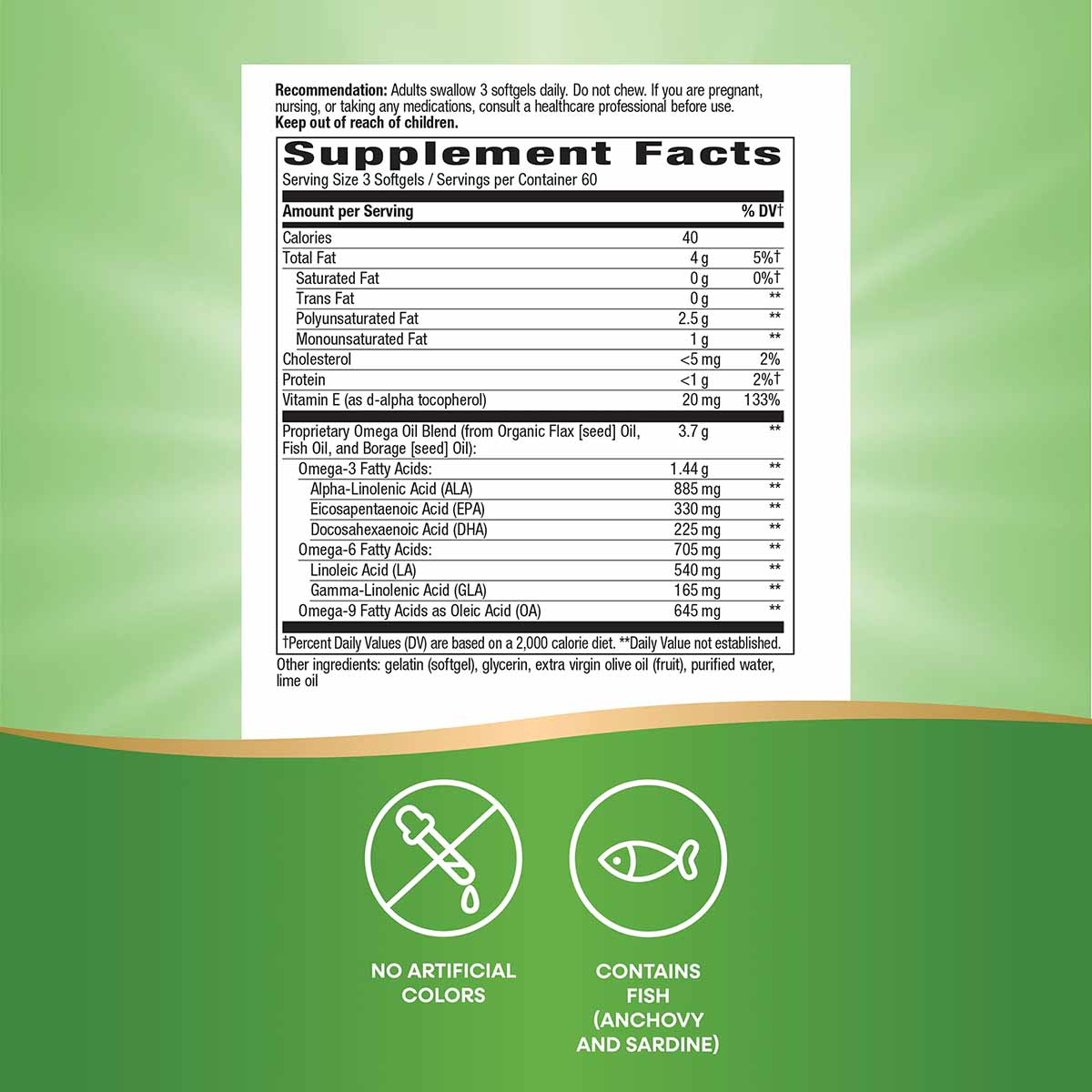 Supplement Facts label for Mega 3-6-9 Omega Blend softgels on green background with icons indicating no artificial colors and