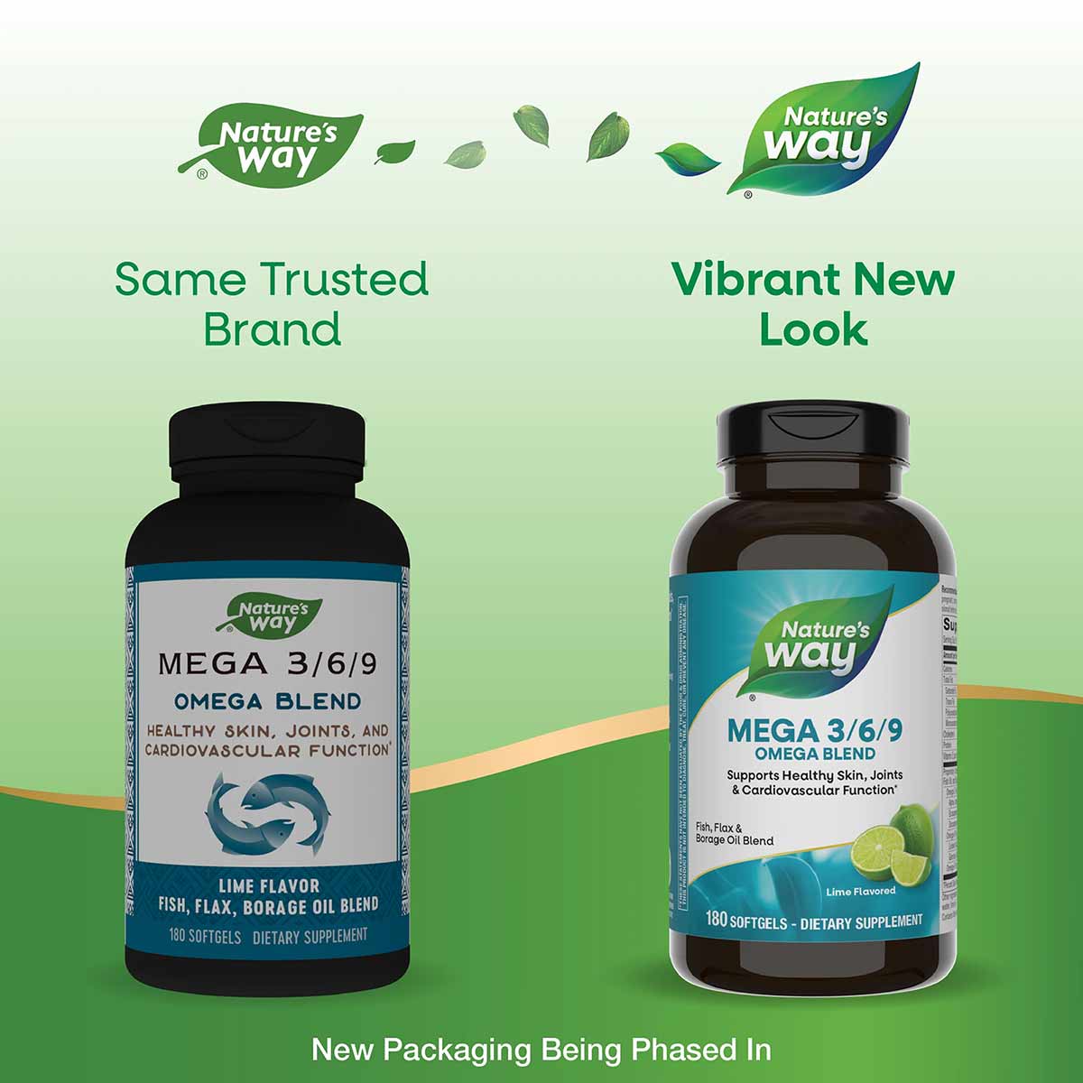 Two dark brown omega supplement bottles side by side labeled "Mega 3/6/9 Omega Blend" by Nature's Way, showing old and new pa