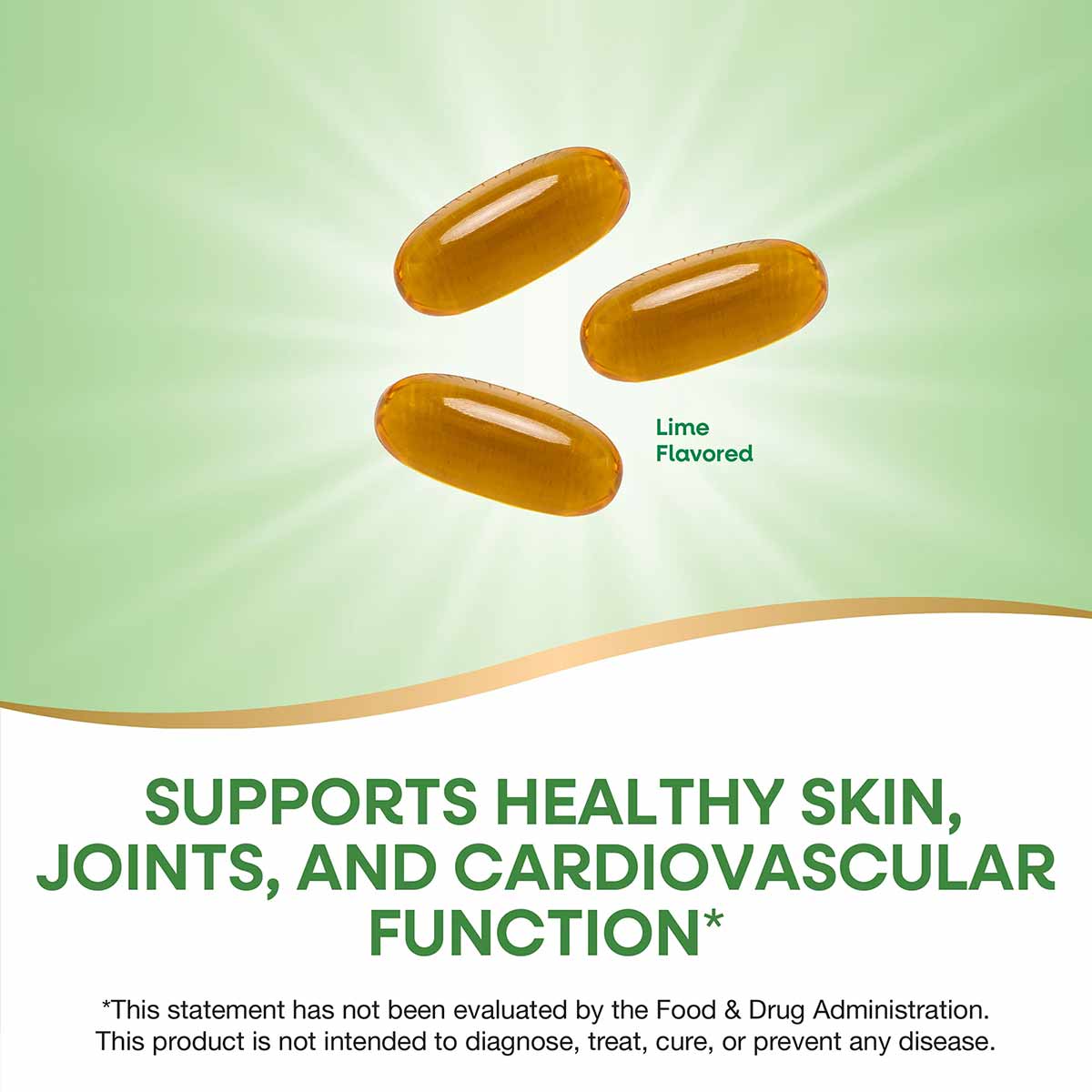 Three golden oval softgel capsules on a green and white background labeled lime flavored.