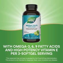 Dark brown bottle of Nature's Way Mega 3-6-9 Omega Blend with blue label, containing 180 lime-flavored softgels.