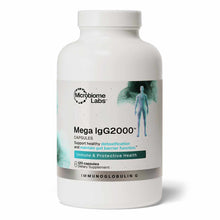 White bottle of Mega IgG2000 capsules by Microbiome Labs with teal and green label design featuring a human figure silhouette