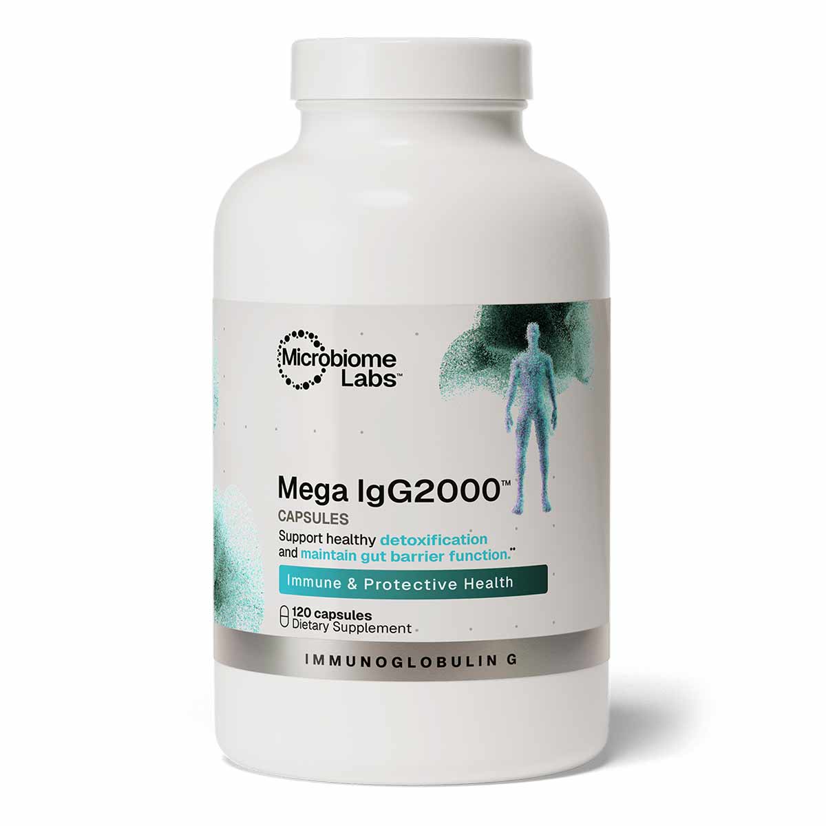 White bottle of Mega IgG2000 capsules by Microbiome Labs with teal and green label design featuring a human figure silhouette
