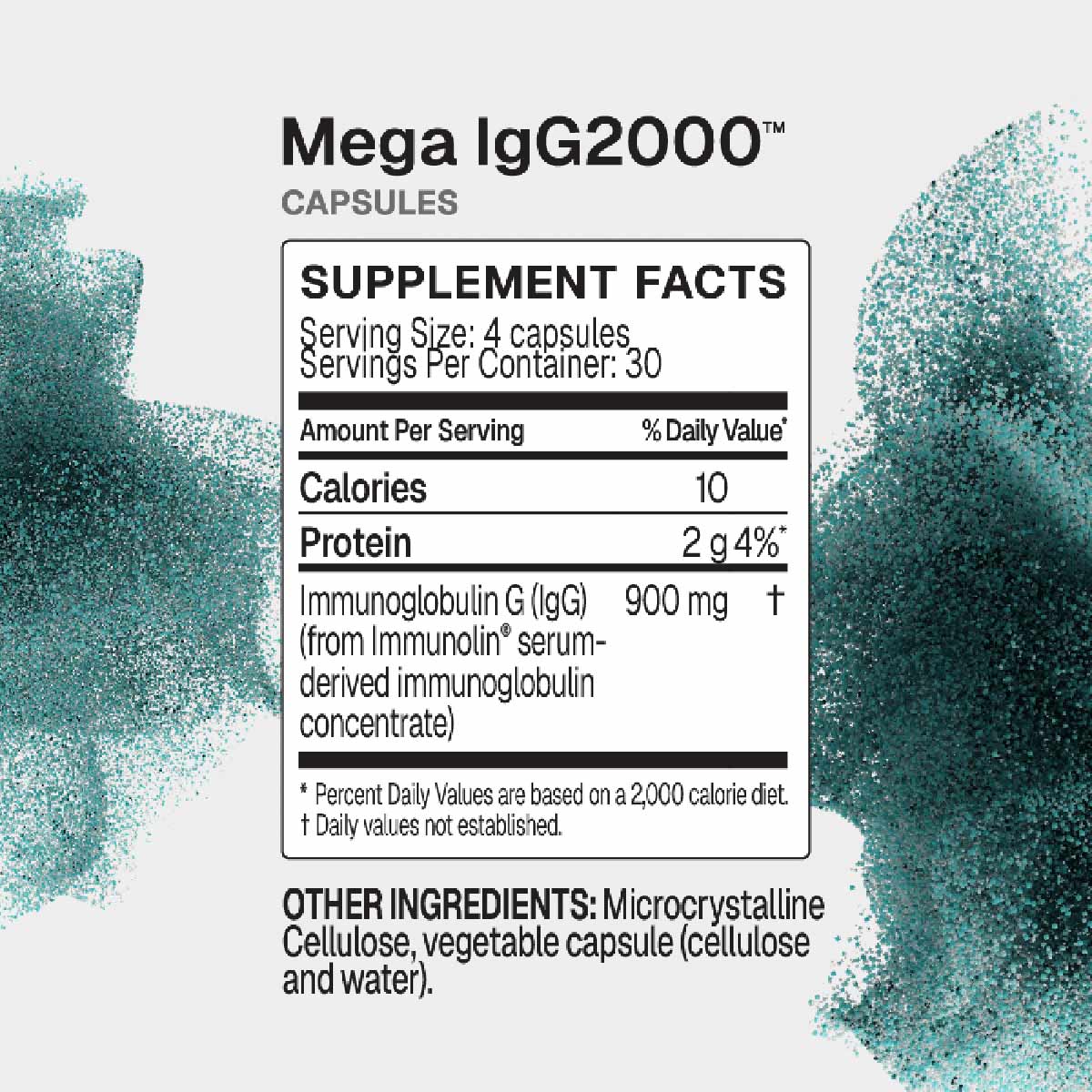 Mega IgG2000 supplement label showing capsule product with supplement facts panel and ingredient list.