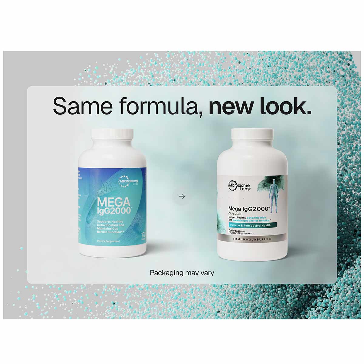Two white bottles of Mega IgG2000 capsules by Microbiome Labs shown side by side, displaying old and new packaging designs.