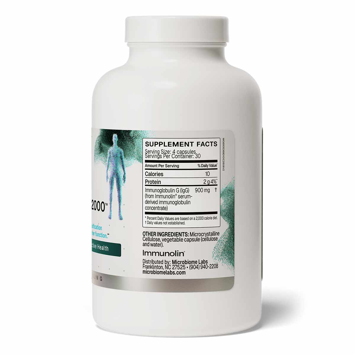 White bottle of Mega IgG2000 capsules by Microbiome Labs with supplement facts label and human figure graphic.