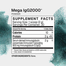 Mega IgG2000 Powder supplement label showing nutritional facts with teal speckled design elements on white background.