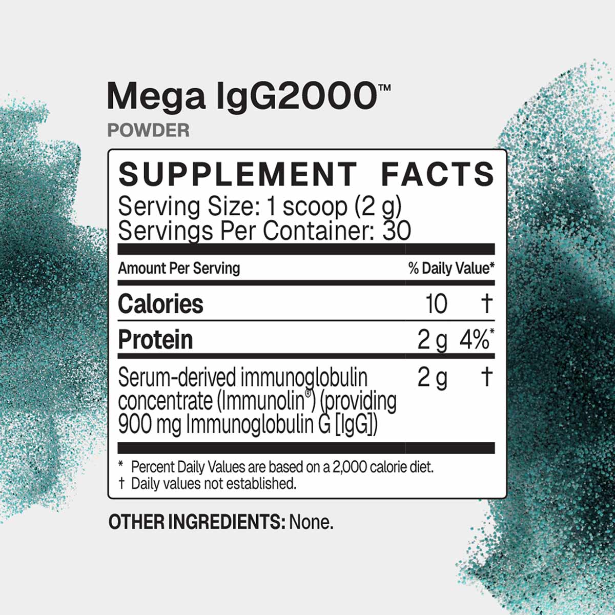 Mega IgG2000 Powder supplement label showing nutritional facts with teal speckled design elements on white background.