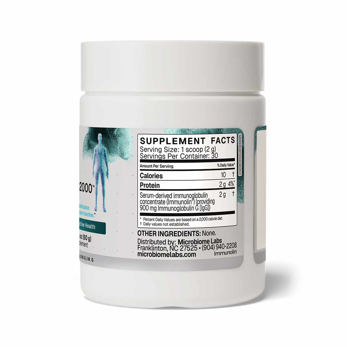 White powder supplement container with white cap, displaying Supplement Facts label showing immunoglobulin concentrate and Mi