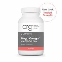 White bottle of Allergy Research Group Mega Omega 450 EPA/340 DHA dietary supplement containing 90 softgels.
