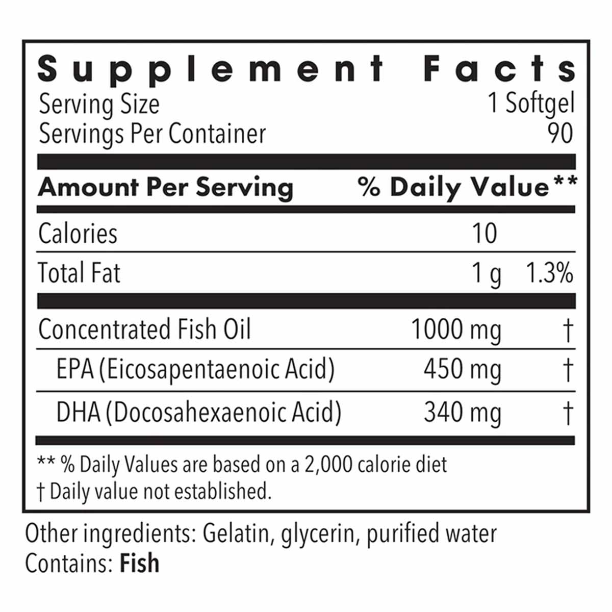 Supplement Facts label for omega-3 fish oil softgels showing 450mg EPA and 340mg DHA per serving.