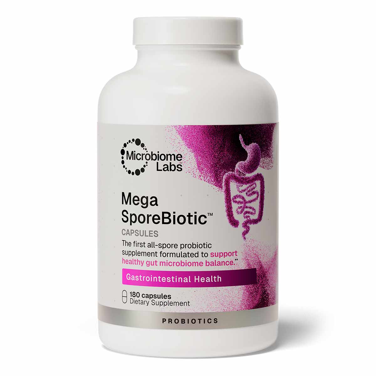 White bottle of Mega SporeBiotic capsules by Microbiome Labs with purple intestinal graphics and label indicating 180 capsule