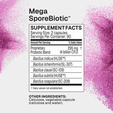 Mega SporeBiotic supplement label displaying proprietary probiotic blend with serving size, ingredients, and CFU count on pin