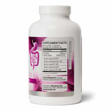 White supplement bottle with purple and pink label showing Supplement Facts, probiotic blend ingredients, and Microbiome Labs