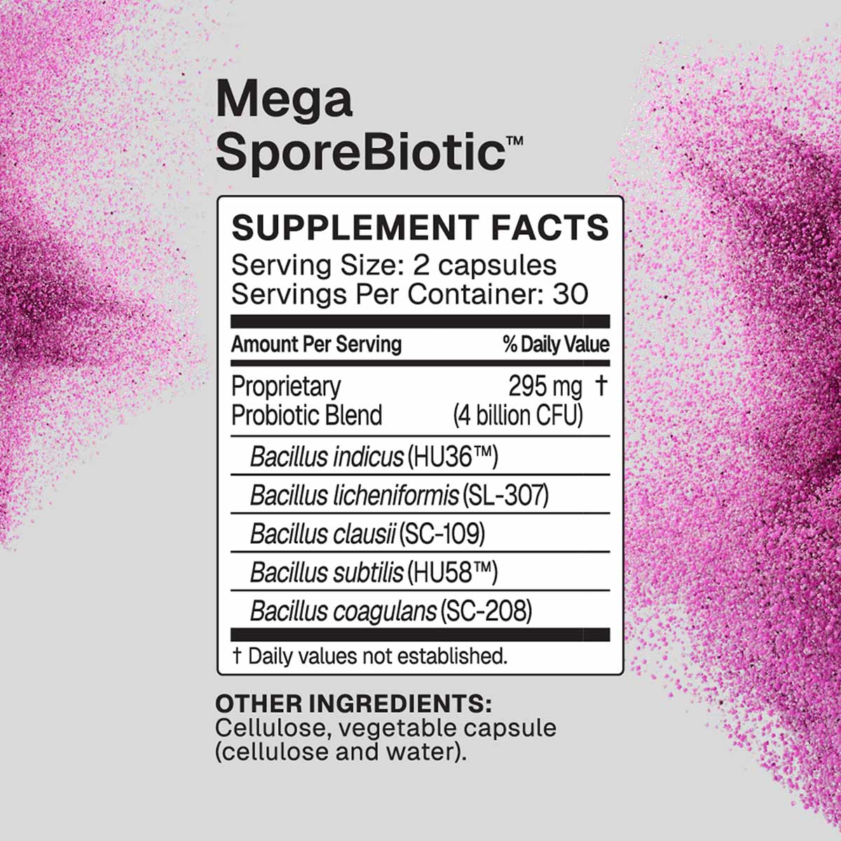 Mega SporeBiotic supplement bottle label showing product name, supplement facts with probiotic blend details, and ingredients
