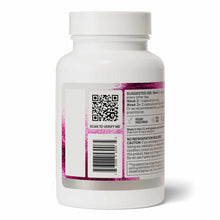 White supplement bottle with white cap and pink label strip containing QR code, barcode, and usage instructions.
