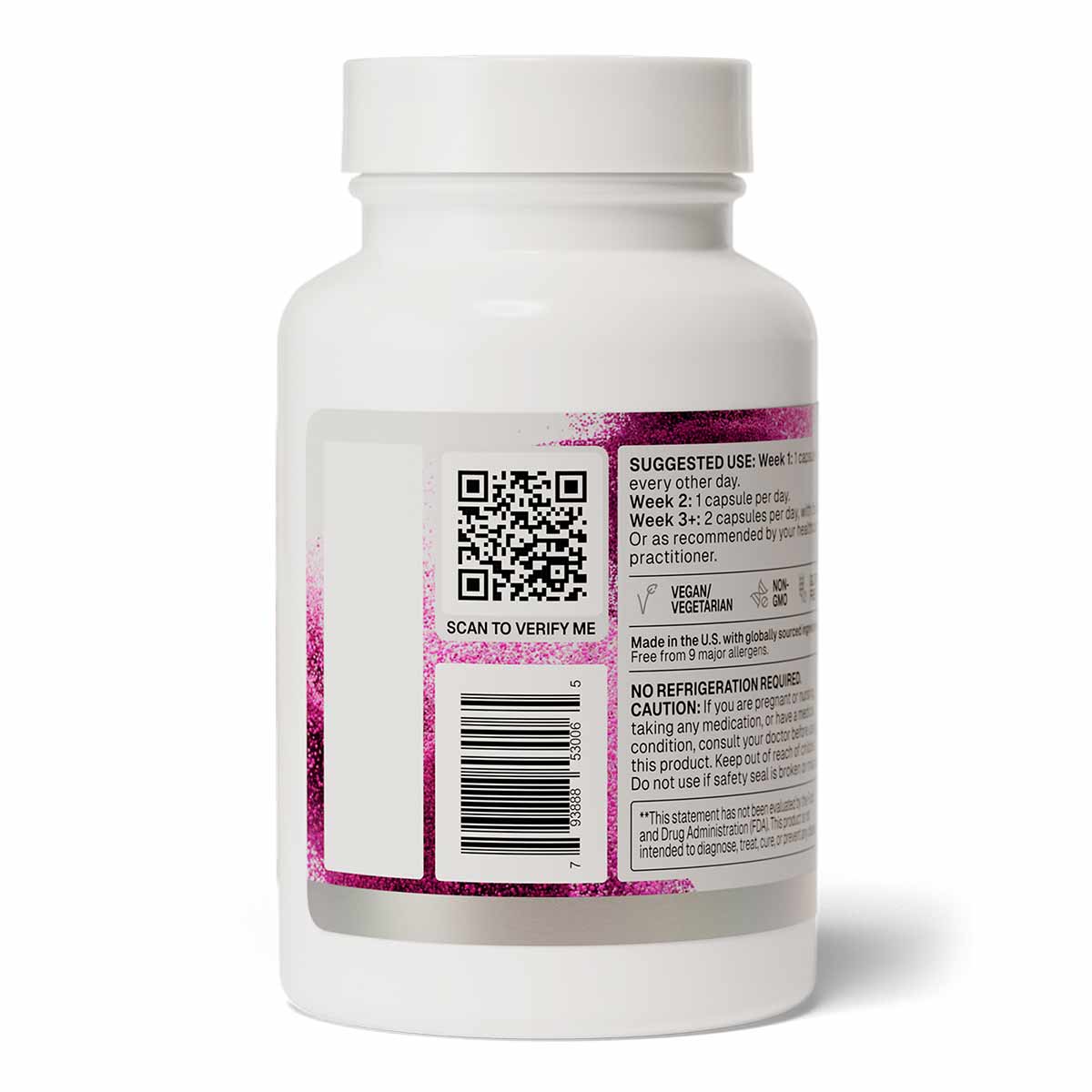 White supplement bottle with white cap and pink label strip containing QR code, barcode, and usage instructions.