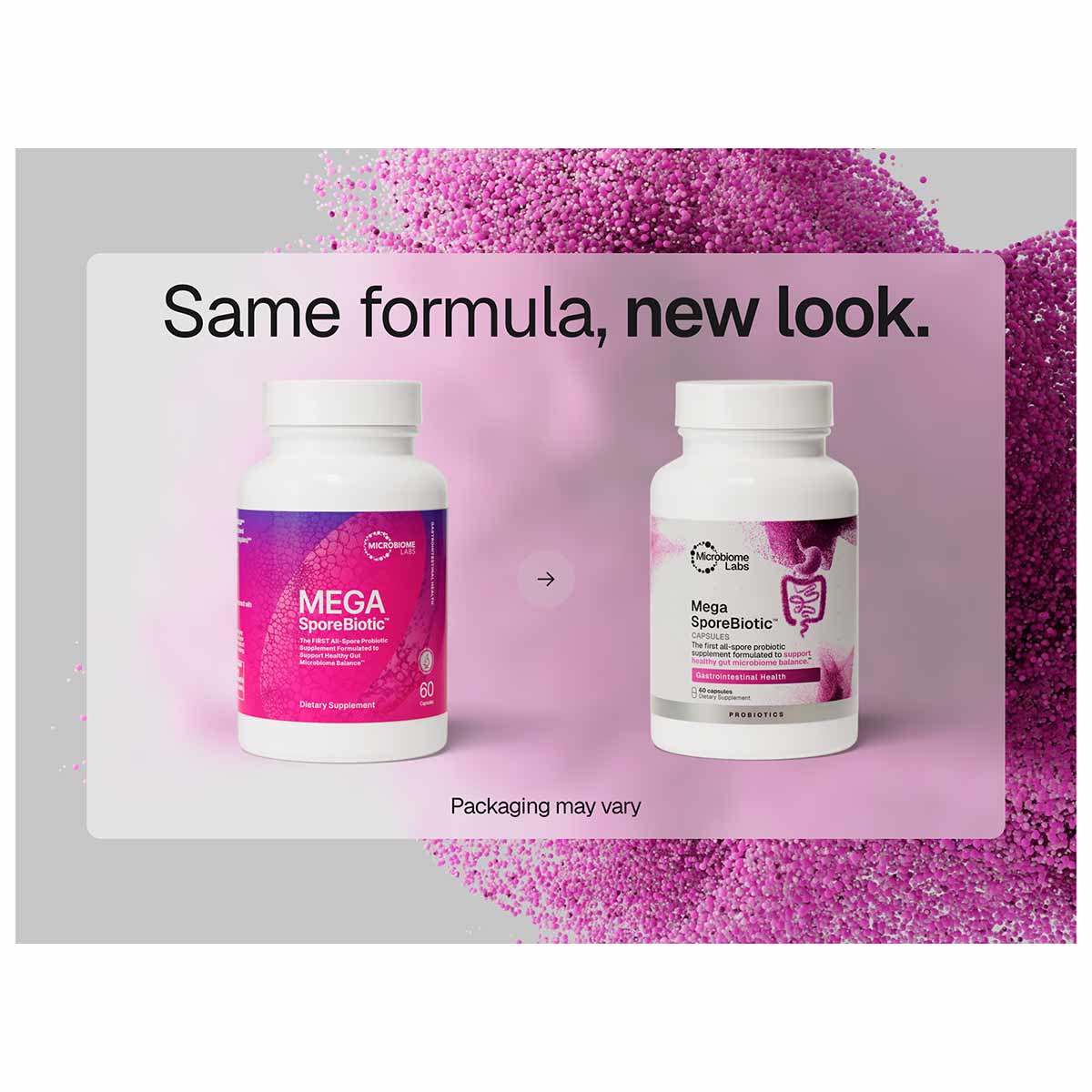 Two bottles of Mega SporeBiotic supplement shown side-by-side with old magenta packaging on left and new white packaging on r