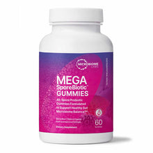 White bottle with purple-to-pink gradient label displaying Microbiome Labs Mega SporeBiotic Gummies, 60 gummies.