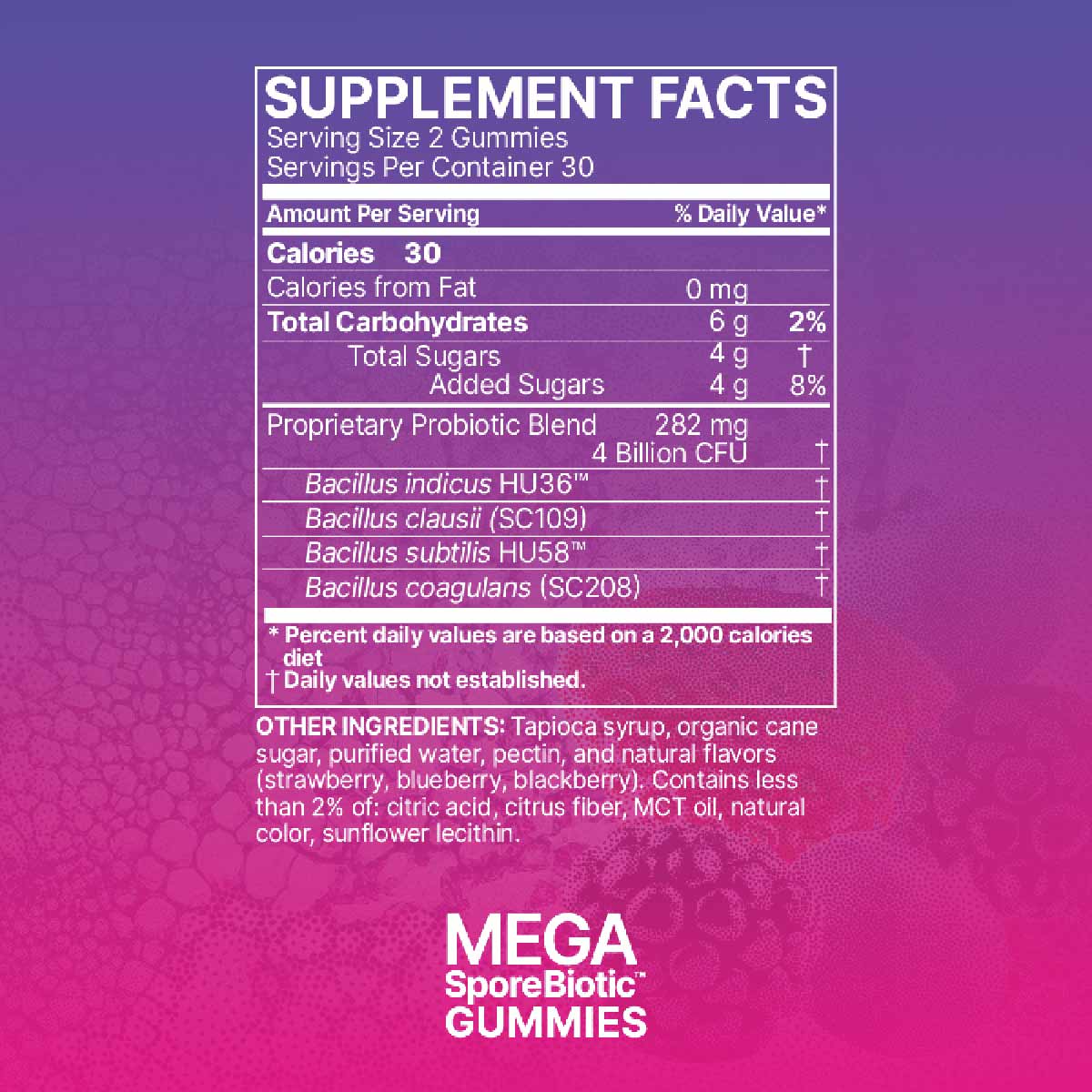 Supplement Facts label for Mega SporeBiotic Gummies showing serving size, nutritional information, and probiotic blend ingred
