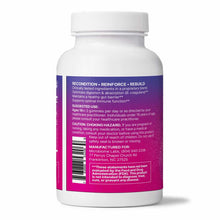 White plastic supplement bottle with purple and magenta label containing gummy vitamins by Microbiome Labs.