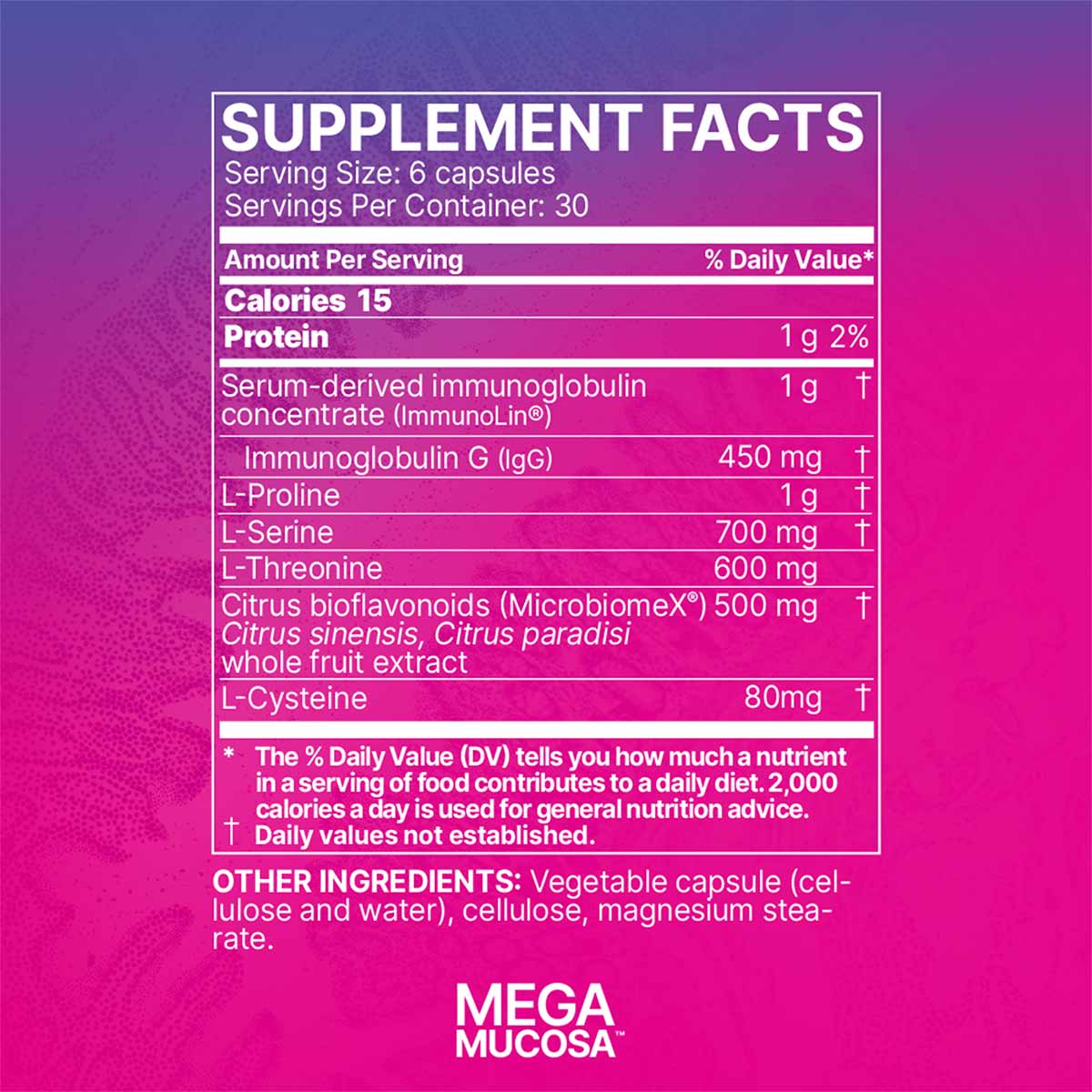 Supplement Facts label for MegaMucosa showing ingredients including immunoglobulin concentrate, L-amino acids, and citrus bio