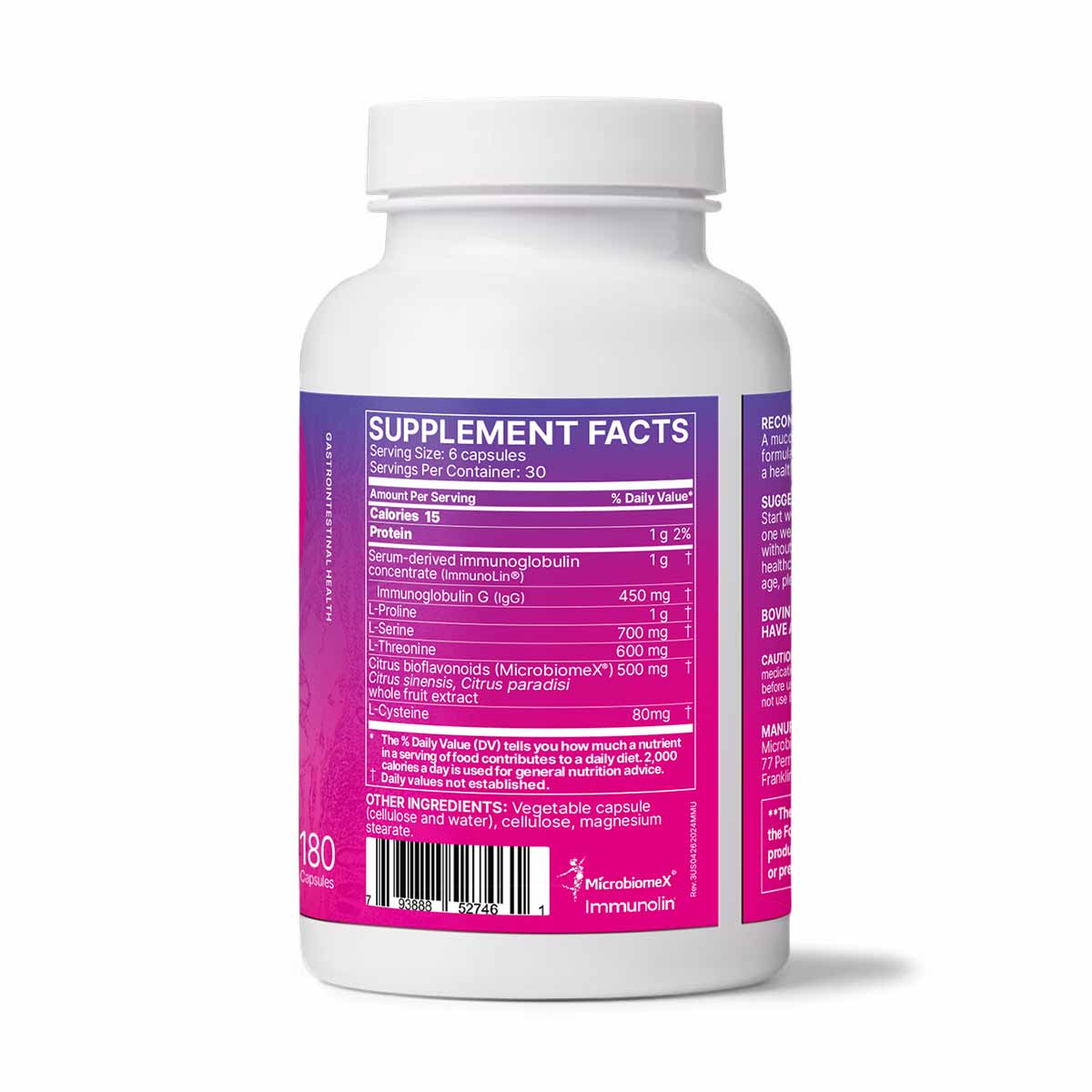 White bottle with purple label containing 180 capsules of MegaMucosa dietary supplement by Microbiome Labs.