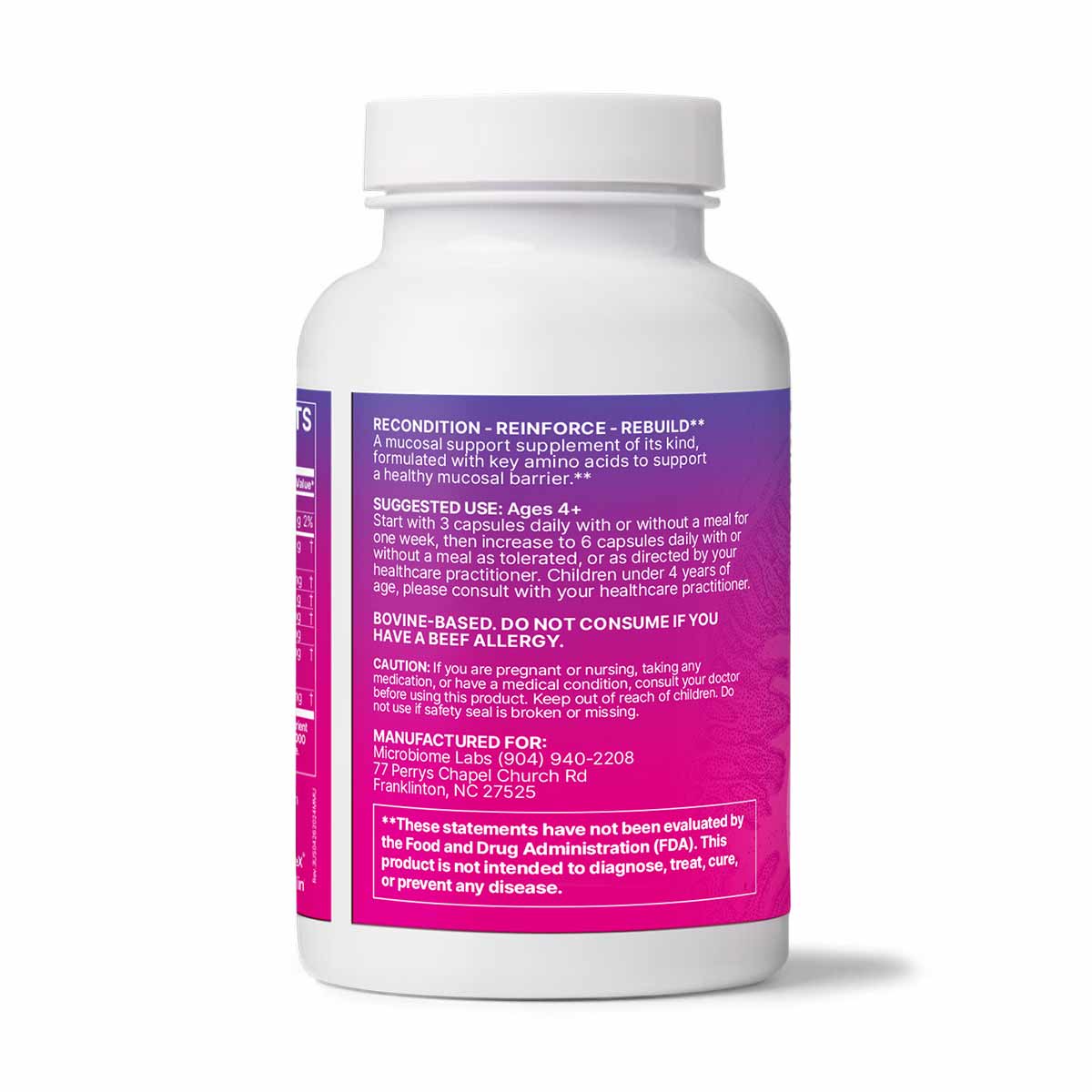 White bottle with purple and magenta label containing 180 capsules by Microbiome Labs.