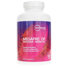 White bottle with purple and pink gradient label showing MegaPre DF Precision Prebiotic by Microbiome Labs, 180 capsules.