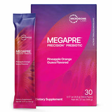 Megapre Precision Prebiotic stick pack in pineapple orange guava flavor next to its purple and pink box packaging.