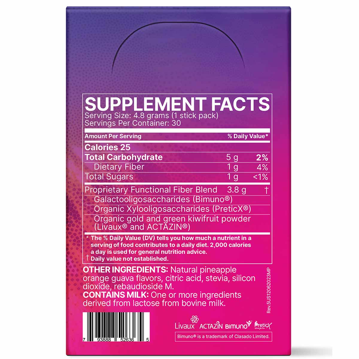 Purple and pink box of Megapre Precision Prebiotic Stick Packs showing supplement facts label with 30 servings per container.
