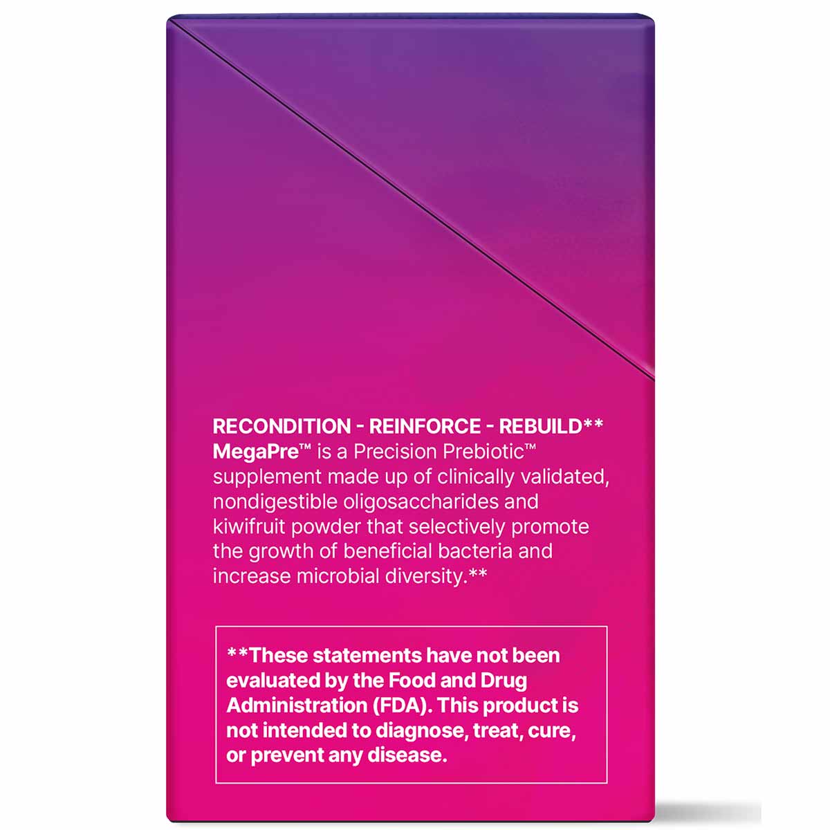 Purple and magenta box for Megapre Precision Prebiotic supplement stick packs with product description and FDA disclaimer tex