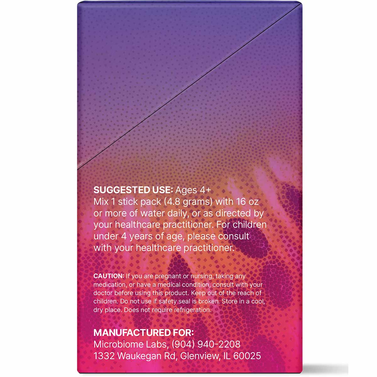 Purple and pink gradient box of Megapre Precision Prebiotic stick packs with usage instructions and manufacturer details on b