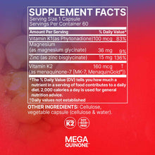 Supplement facts label for MegaQuinone K2-7 capsules showing vitamin K2, magnesium, and zinc ingredients on red gradient back