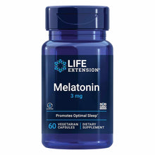 Life Extension Melatonin 3 mg bottle with dark blue container, white label text, and screw-top cap containing 60 vegetarian c