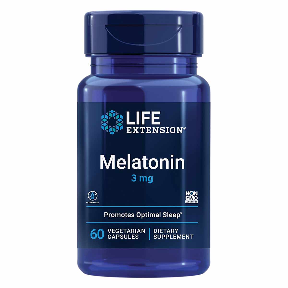 Life Extension Melatonin 3 mg bottle with dark blue container, white label text, and screw-top cap containing 60 vegetarian c