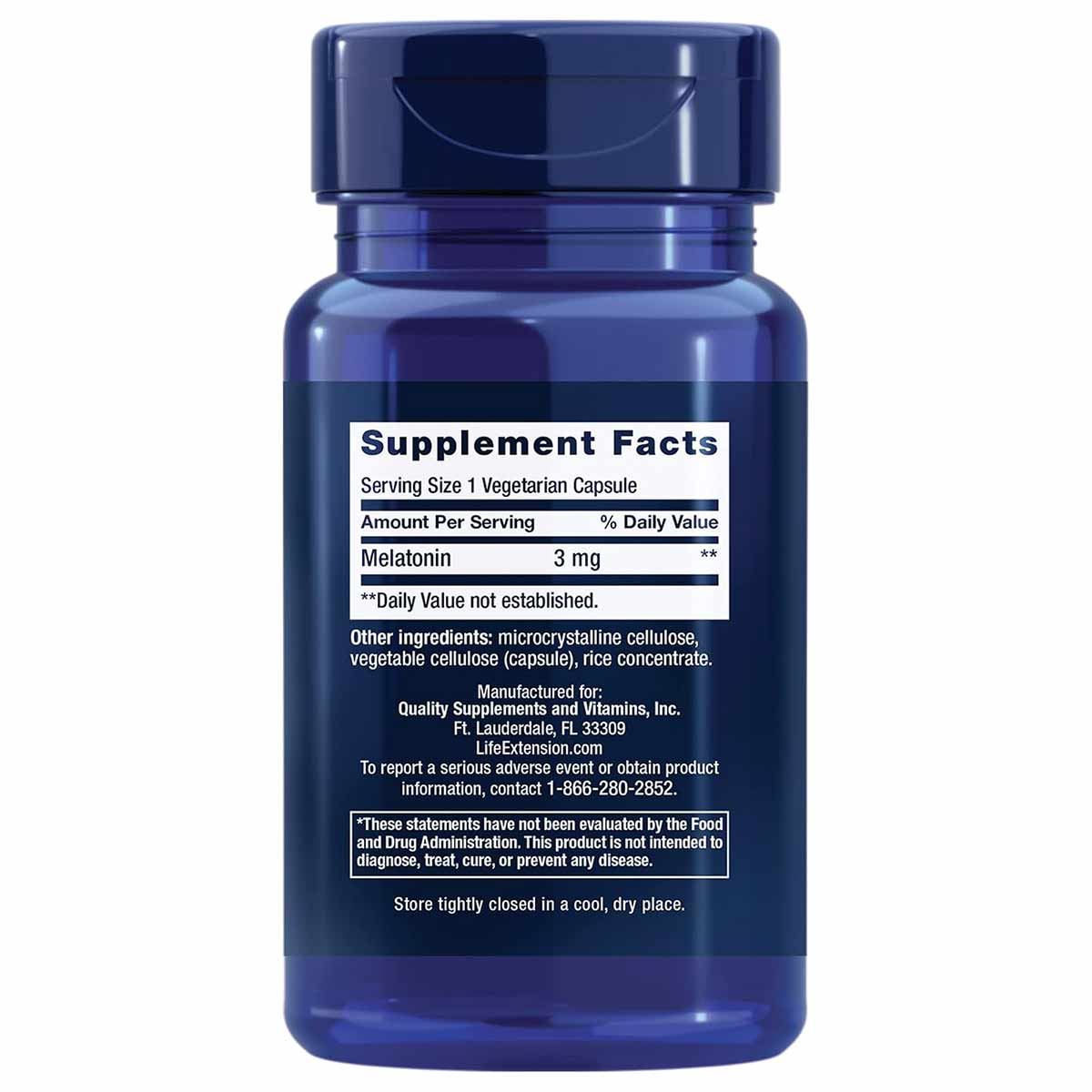 Blue supplement bottle with white label showing Melatonin 3mg dosage information and ingredients.