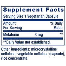 Supplement Facts label for Melatonin 3 mg vegetarian capsules showing serving size, ingredients, and daily value information.