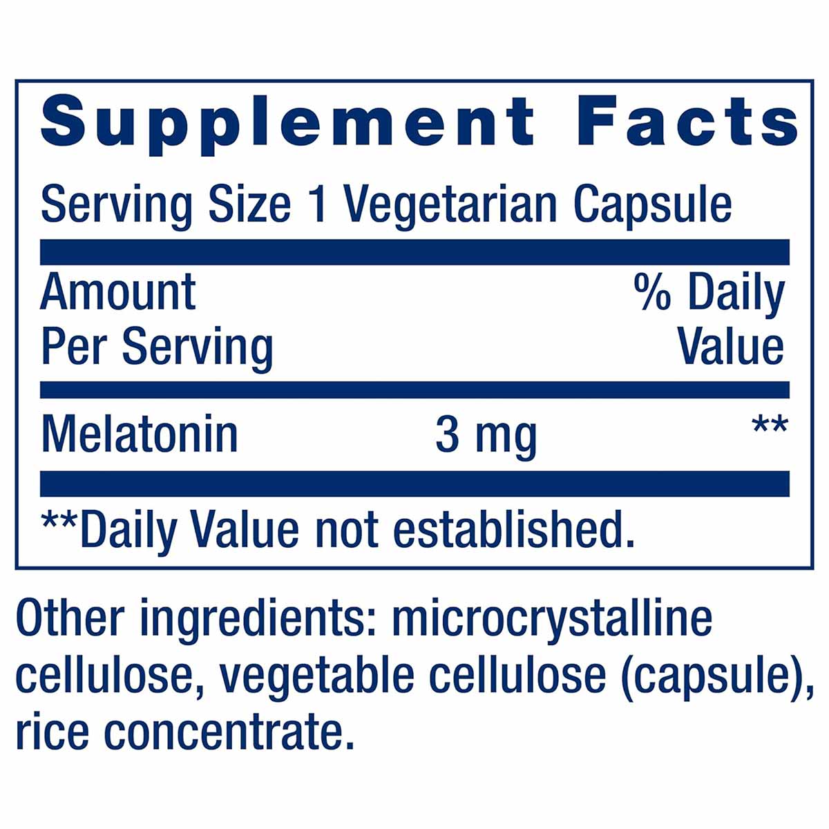Supplement Facts label for Melatonin 3 mg vegetarian capsules showing serving size, ingredients, and daily value information.