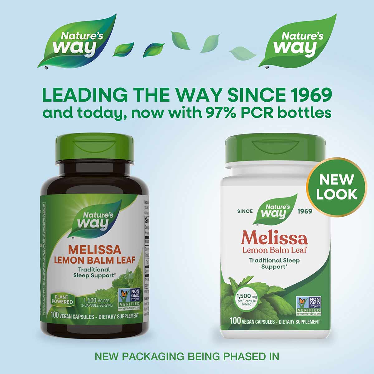 Two Nature's Way Melissa Lemon Balm Leaf supplement bottles: dark brown bottle on left with old packaging, white bottle on ri