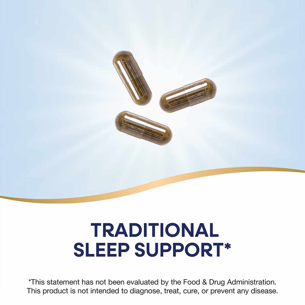 Three brown herbal supplement capsules on white background with gold wave design.