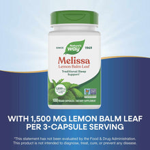 Nature's Way Melissa Lemon Balm Leaf bottle with green cap containing 100 vegan capsules.