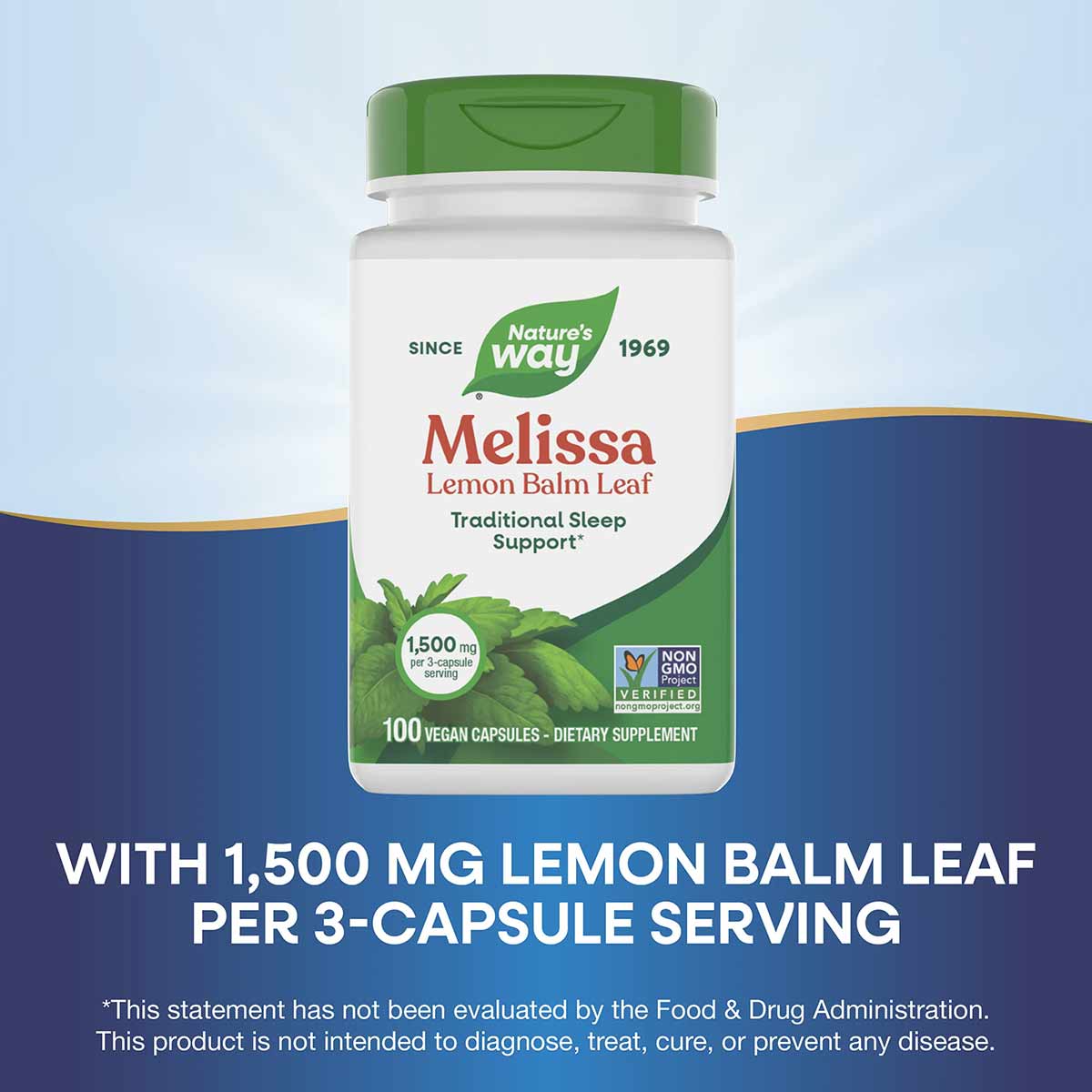 Nature's Way Melissa Lemon Balm Leaf bottle with green cap containing 100 vegan capsules.